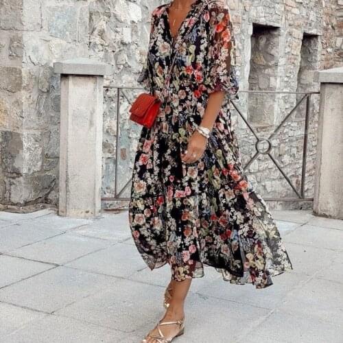 Vintage Casual Maxi Dress Summer Women Short Sleeve A-Line Loose Dresses High Waist V-Neck Ladies Black Floral Printed Sundress