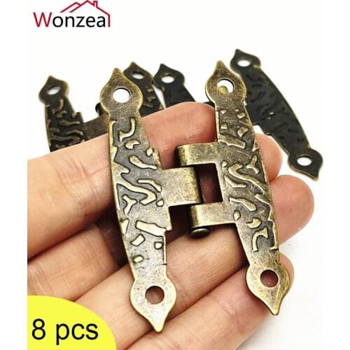 8Pcs Antique Cabinet Door Luggage Vintage Hinges Jewelry Boxes Old H Hinges Furniture Decoration Bronze Tone With Screw