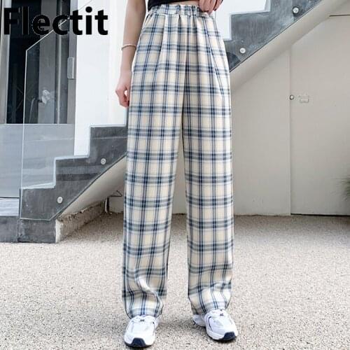 Flectit Women Checked Pants Elastic Waist Full Length Straight Pants Spring Summer Trousers Aesthetic Girl Casual Streetwear