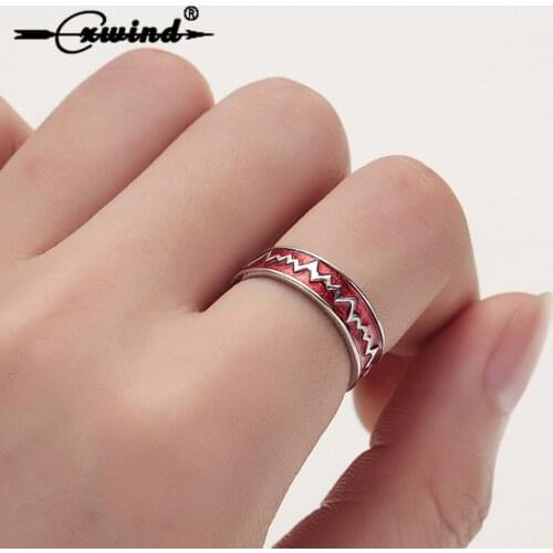 Cxwind Fashion Wave Ring Blue Red Electrocardiogram Heartbeat Rings For Women Men Rock Ring Wedding Jewelry bagues pour femme