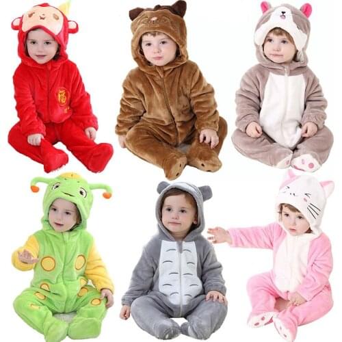 0-24 Months Rompers Clothes Cute Cartoon Flannel Warm Jumpsuit Boys Girls Hooded Climb Sleepwear Clothing Mobile Phone Straps
