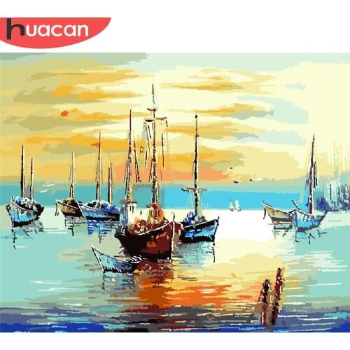 HUACAN Paint By Number Sea Drawing On Canvas Gift DIY Pictures By Numbers Boat Kits Hand Painted Painting Art Home Decor