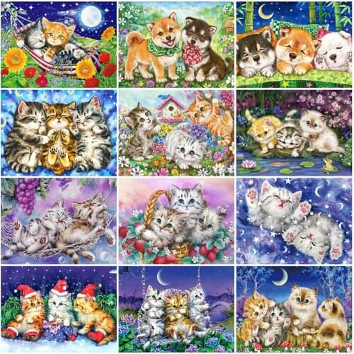 HUACAN Full Square Round Diamond Painting Cat Picture Of Rhinestone 5D Diamond Embroidery Animal Mosaic Needlework Home Decor