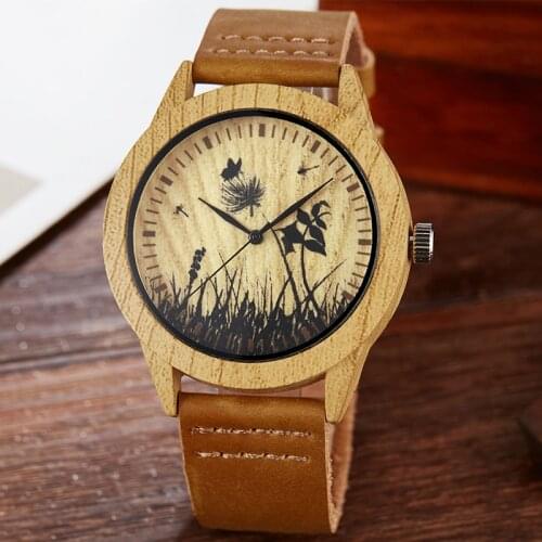 Creative Wood Watch Men Women Couple Quartz Imitate Bamboo Wooden Watch Minimalist Watches Brown Genuine Leather Wrist Clock