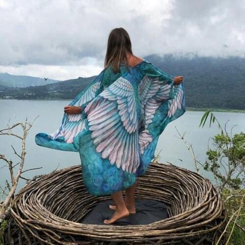 Wing Scarf Kimono Boho Wrap Cardigans Chiffon Painted Summer Duster Coats Light Weight Sheer Oversized CoveUp Holiday Resortwear