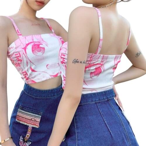 Summer Womens Sexy Crop Cami Tanks Tops Cute Sleeveless Spaghetti Strap Cartoon Print Square Neck Camisole Vest