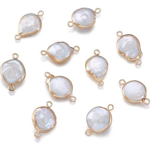 10pcs Plated Natural Pearl Links with Iron Findings Flat Round Pearl Connectors Charms Necklace Bracelet Anklets Jewelry Making