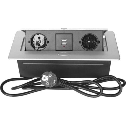 EU Multifunction Conference Tabletop Outlets Desktop Pop Up Power Socket 2 EU Plug outlets +2 USB Charger Ports Black/Silver