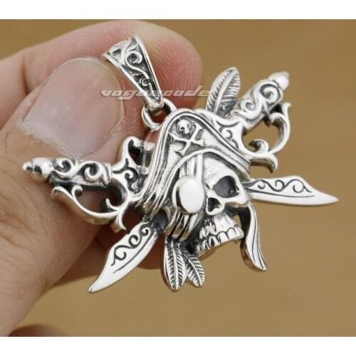 Skull Swords Hat Pirate Pendant 925 Sterling Silver Mens Biker Rock Punk Pendant 9J021