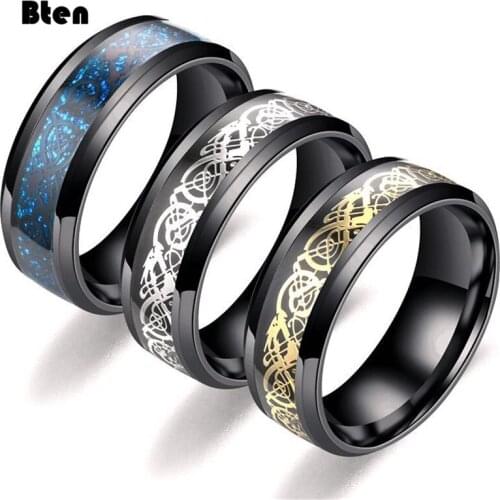 Bten Stainless Steel Dragon Ring Red Green Carbon Fiber Black Dragon Inlay Comfort Fit For Men Wedding Band Ring Fashion jewelry