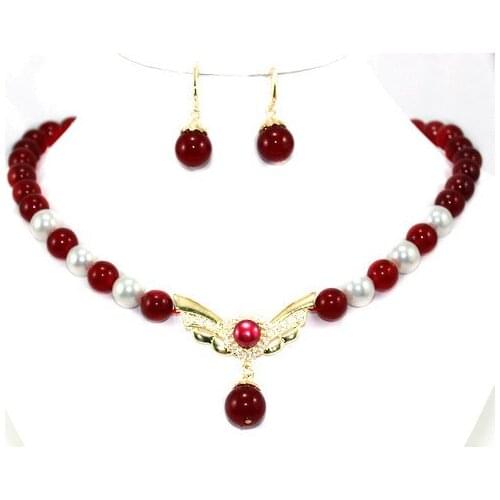 Natural Women Gift word Love women Fashion Jewelry noblest 10mm red & white pearl necklace 17 inch + pendant & earrings set