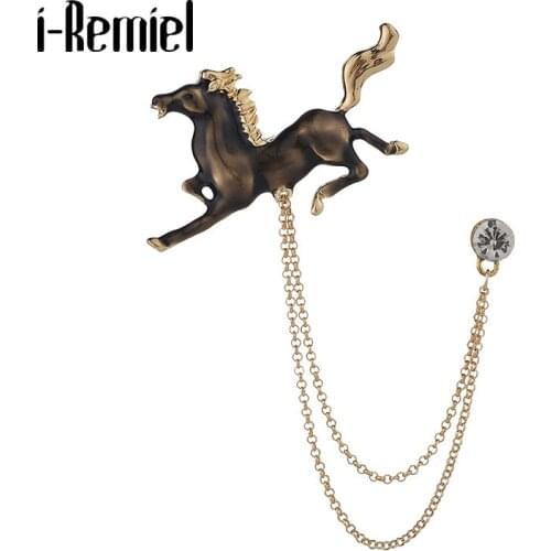 New Enamel Animal Horse Brooch Rhinestone Tassel Chain Collar Pins Luxury Mens Suit Shirt Lapel Pin Badge Jewelry Accessories