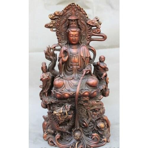 Wholesale factory 18" Chinese Pure Red Bronze Dragon Kid Lotus Pot Kwan-yin GuanYin Buddha Statue AE1024 AB1025