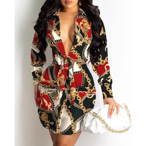 Autumn Women Long Sleeve Slim Party Dresses Sexy Deep V-Neck Lace-up Mini Dress Female Elegant Pattern Printed Shirts Vestidos