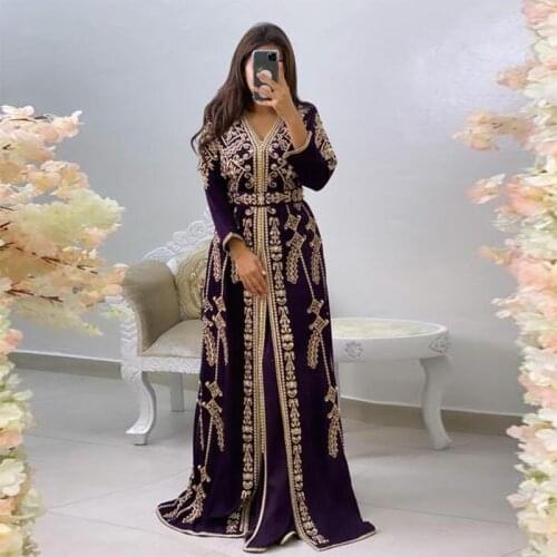 Stunning Applique Lace Purple Dubai Arabic Evening Dresses Beaded Long Sleeves Moroccan Kaftan Evening Gown Muslim Prom Dresses