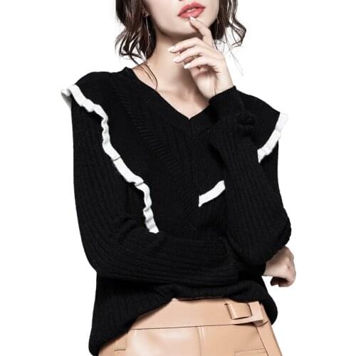 100% Genuine Wool Pullover Women Fashion Ruffle Knitted Sweater Korean Simple Elegant Sweaters for Women Kobieta Swetry Zjt848