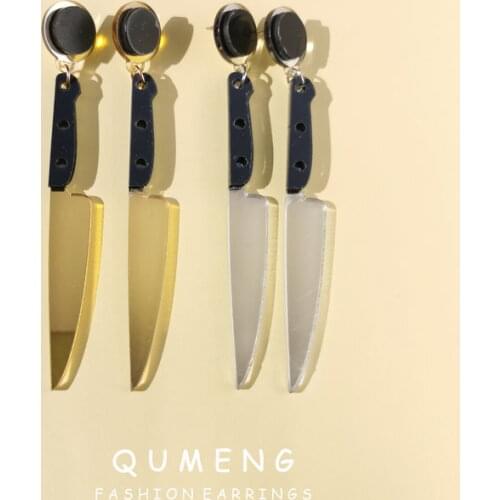QUMENG Hyperbole Acrylic Knife Shape Earrings for Women Holiday Party Halloween punk Hip hop stud earrings jewelry Accessories