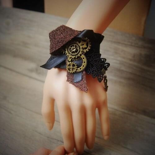 Retro Vintage Lady Handmade Jewelry Gothic Lace Ribbon Bracelet Gear Cogs Steampunk Bracelet