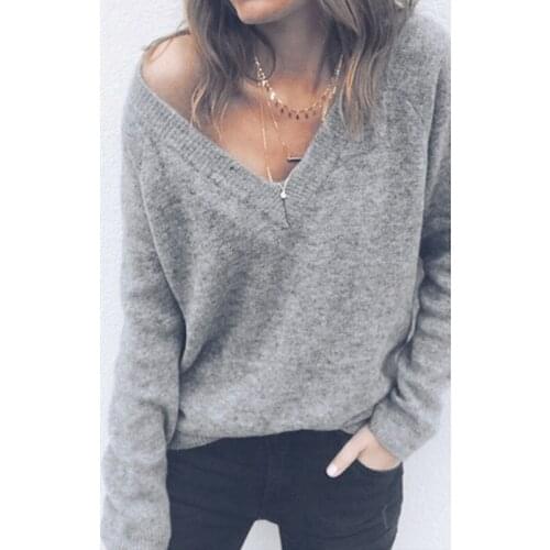 2019 Autumn Womens Elegant V Neck Loose Knit Sweater Pullover Casual Long Sleeve Solid Sweater Tops Female Plus Size