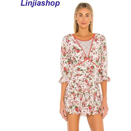 Mini dress women O neck autumn floral print ruffles embroidery long sleeve vintage elegant dresses femme vestidos