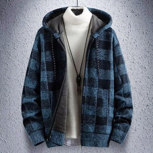 Winter warm coat fleece hooded sweater thick sweater leisure slim plaid zipper cardigan autumn and winter new menswear