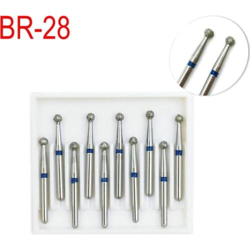 10pcs/set Dental Diamond Burs Drill Ball Round Type Burs Dia-burs Medium FG 1.6M for High Speed Handpiece BR-28