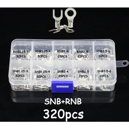 320Pcs/Box 10 In 1 Terminals Non-Insulated Ring Fork U-type Brass Terminals Assortment Kit Cable Wire Connector Crimp Spade