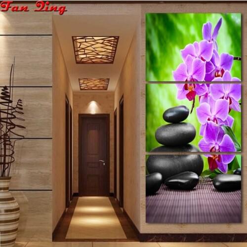 3D Diamond embroidery modern home decoration 3 pieces orchid black stone cross stitch mosaic 5d diy diamond painting