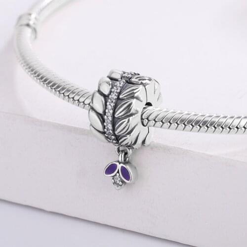 925 Sterling Silver White Zircon Wheat Grains Dangling Purple Leaves Charm Bracelet Fit Bracelet Bangle DIY Jewelry For Pandora