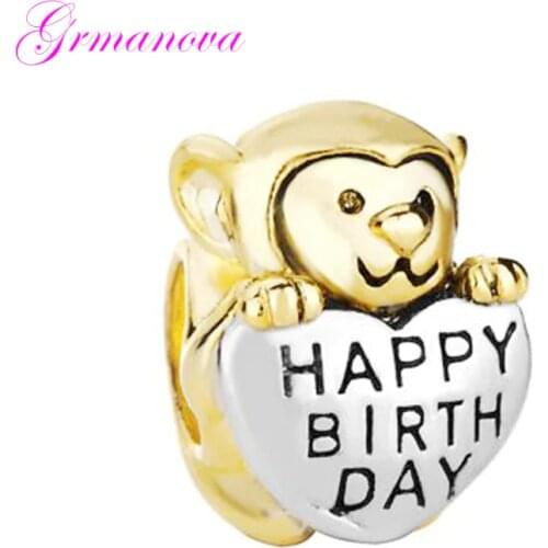 Monkey Heart Shaped Happy Birthday Big Hole Charm Beads Female Classic Pop Amulet Fit Pandora Bracelet Womens DIY Jewelry