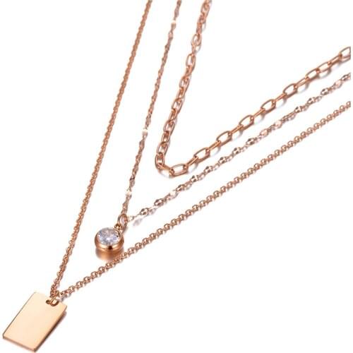 Goth Three-layer Rectangle Charm Pendant Necklace Titanium Stainless Steel CZ Crystal Choker Necklace For Women N20096