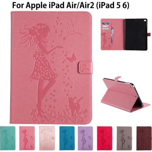 For Apple iPad air air2 Case High quality Girl Cat Embossed PU Leather Flip Stand Case For iPad 5 iPad 6 Cover Funda Skin Shell