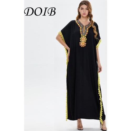 DOIB Abaya Embroidery Long Robe Dubai Muslim Arabic Tassel Dress Turkey Islam Ramadan Eid Robe Longue Musulman Kafan Dress