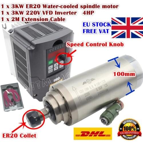 [EU Delivery/Free VAT] 3KW Water Cooled ER20 Spindle Motor 220V 24000rpm &3KW HY Inverter VFD 4HP 220V