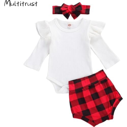 Baby Girls Ribbed Knitted Clothes Sets Summer Baby Girls Ruffles Long Sleeve Bodysuit Tops+Plaid Printed Shorts+Headband Outfits