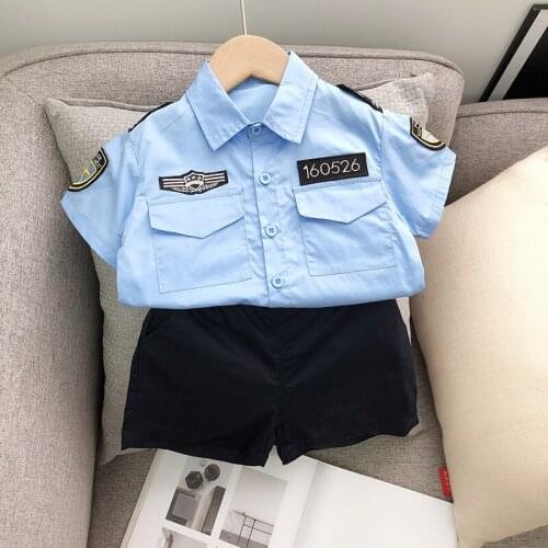 Summer Kids Clothing Sets 2 3 4 5 6 7 Y Toddler Boys Handsome Short Sleeve Suit Lapel Blue Shirts Black Shorts Boys Uniform Set