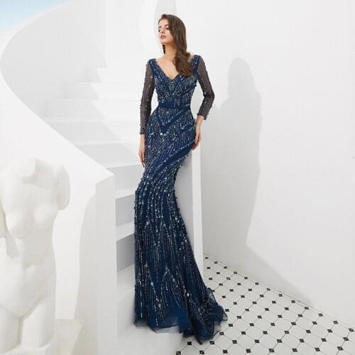 Fashion Navy Blue Prom Dresses V Neckline Long Sleeve Crystal Beaded Lace Tulle Evening Gown Bridal Party Dresses