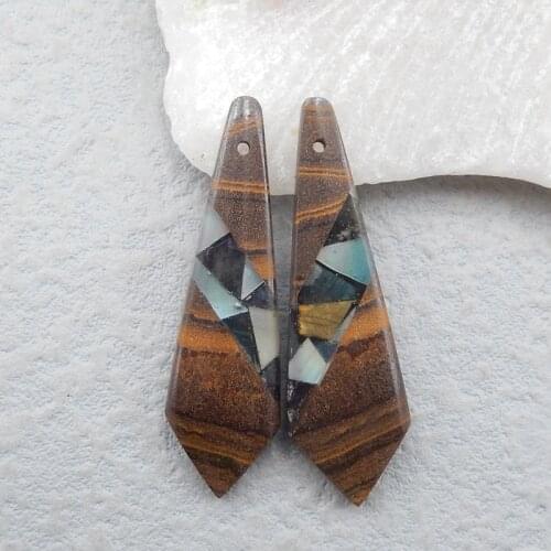 New Arrival!! Special!! Sale 2 Pcs Boulder Opal,Labradorite,Diopside Intarsia Gemstone Pendant Bead Set,37x11x5mm,5.1g