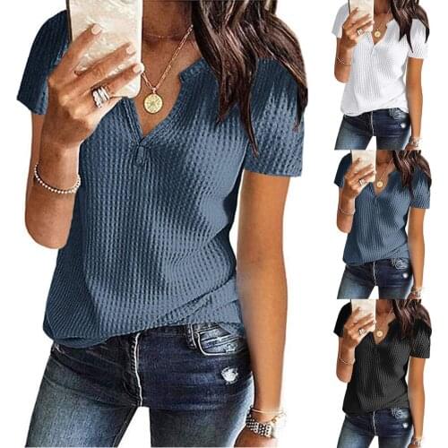 The new Amazon blast solid-colored short-sleeved V-neck waffle top European and American foreign trade womens t-shirt