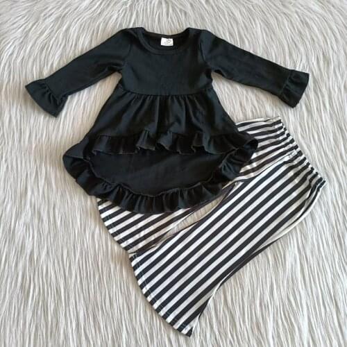 Wholesale Baby Girl Boutique Outfit Long Sleeve Black Solid Color Shirt Striped Bell-bottomed Pants Set Kids Fashionable Clothes