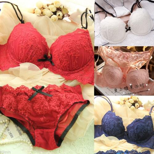 Sexy Women Lace Floral Bralette Push Up Bra Embroidery Bow G-string Brief Set Lingerie Bra Set