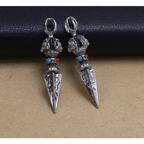 2pcs Buddhist Vajra Dorje Phurba Pendant 3D Dagger Amulet Protection Meditation Yoga Inspired Necklace Pendant (Antique Silver)