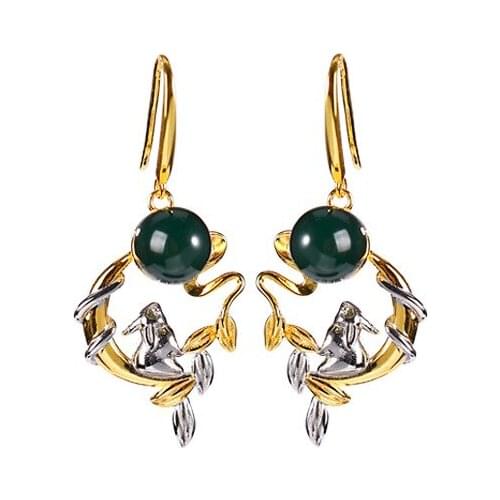 S925 sterling silver gold plated natural Mexican blue amber ear hook temperament rabbit earring pendant for ladies