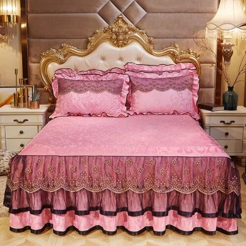 Pink Velvet Thick Soft Bedspread On The Bed Princess Lace Bedding Bed Skirt Sheet Mattress Cover Pillowcase King Queen Size