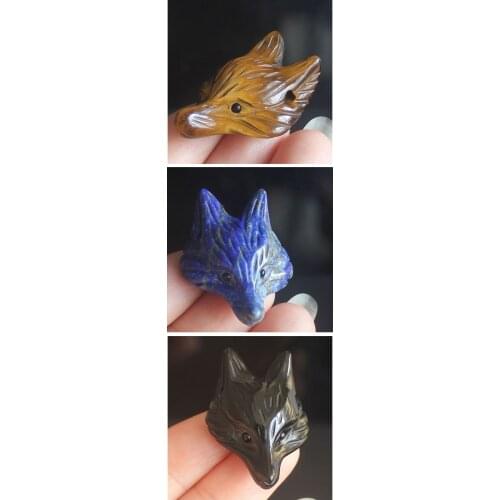 Hand Carved mixed gemstone Golden Tiger Eye lapis Fox Head pendant DIY gift for necklace