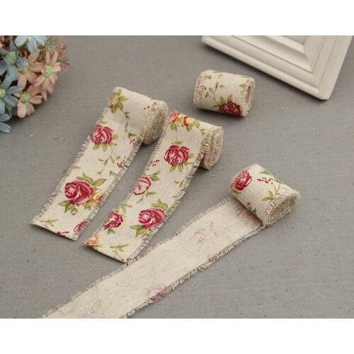 Rose Printed Jute Cloth Roll Hemp DIY Weedding Birthday Gift Strap Apparel Sewing Pulled Flower Rope Linen Volume Burlap Ribbon