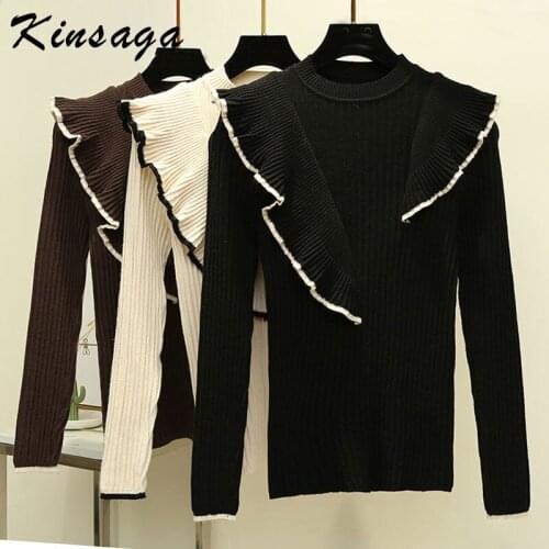 Contrast Color Irregular Ruffle Knitted Sweater Women Winter Sweet O-neck Ribbed Jumper Tops Casual 2020 Pullover Women Clothing