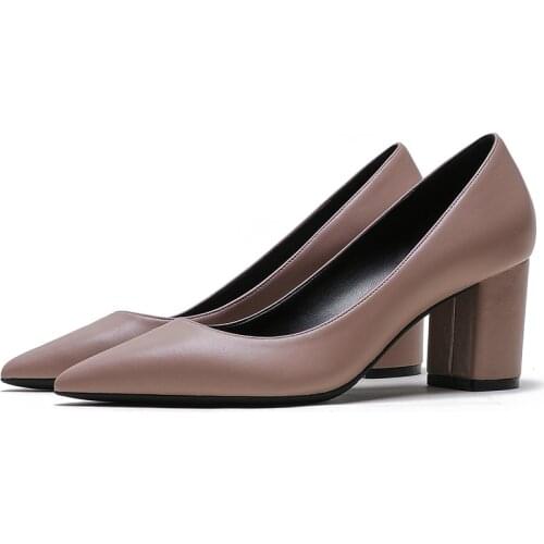 Genuine Leather Pumps Women Pointed Toe Footwear Shallow Office Shoes Female Fashion Square Heels 6cm Woman Autumn 2020 E0110
