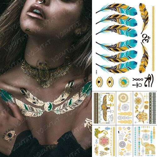 Waterproof Temporary Tattoo Sticker Metallic Gold Silver Eye Feather Flash Tatoo Female Egyptian Goddess Arm Body Art Fake Tatto
