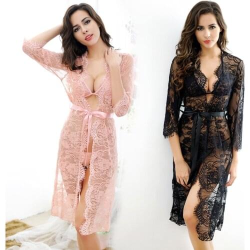 Women Sexy Nightdress Hollow Lace Sleepwear Lingerie Dress Femme Robe & Gown Sets Lace Bathrobe Dress